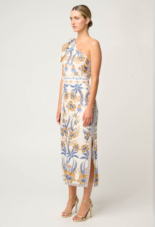 OnceWas Amira One Shoulder Tie Linen Viscose Dress in Golden Medina