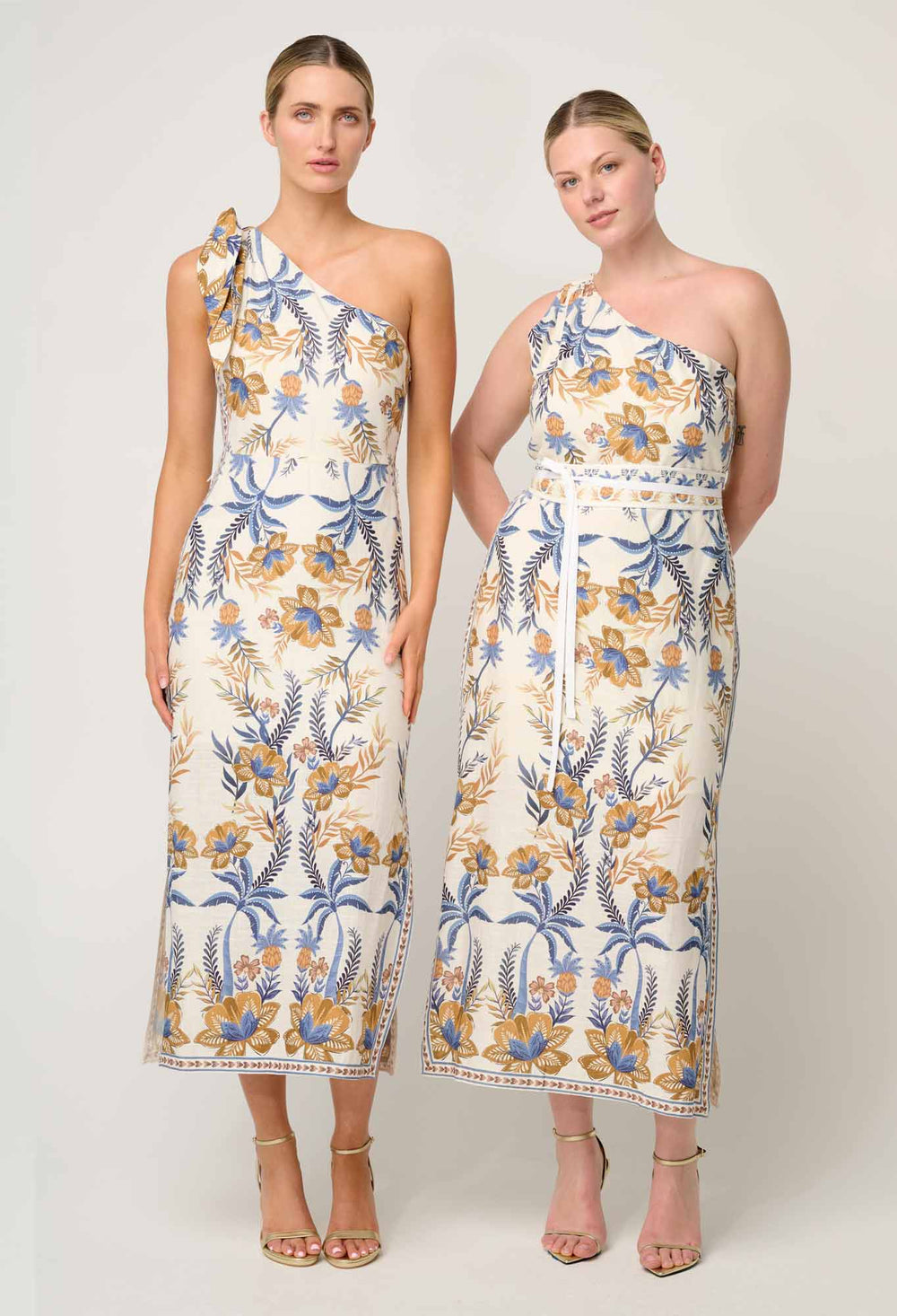 OnceWas Amira One Shoulder Tie Linen Viscose Dress in Golden Medina