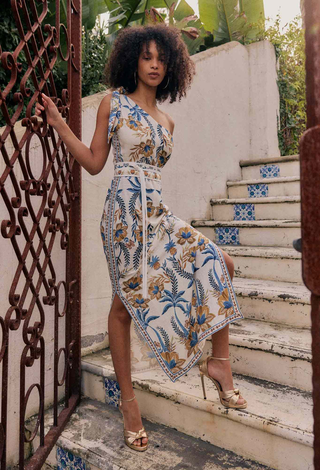 OnceWas Amira One Shoulder Tie Linen Viscose Dress in Golden Medina