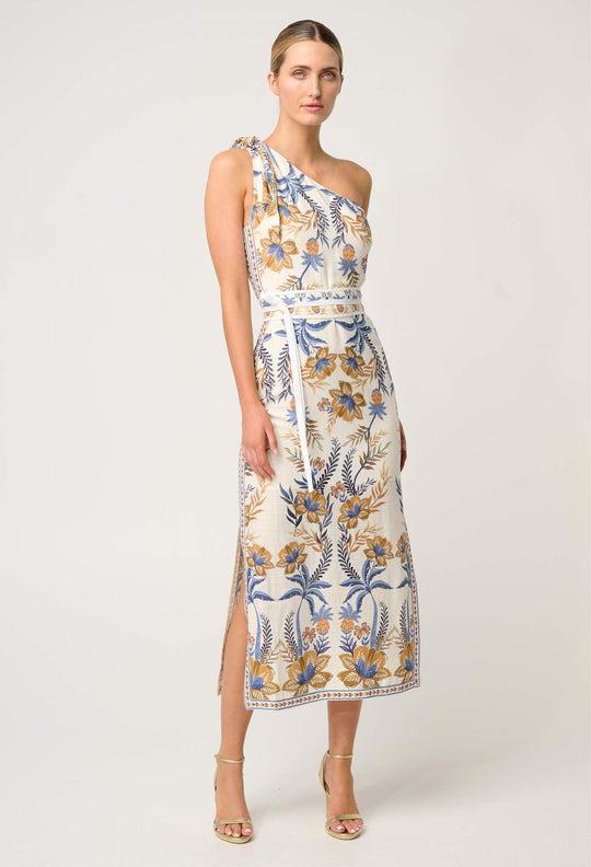 OnceWas Amira One Shoulder Tie Linen Viscose Dress in Golden Medina