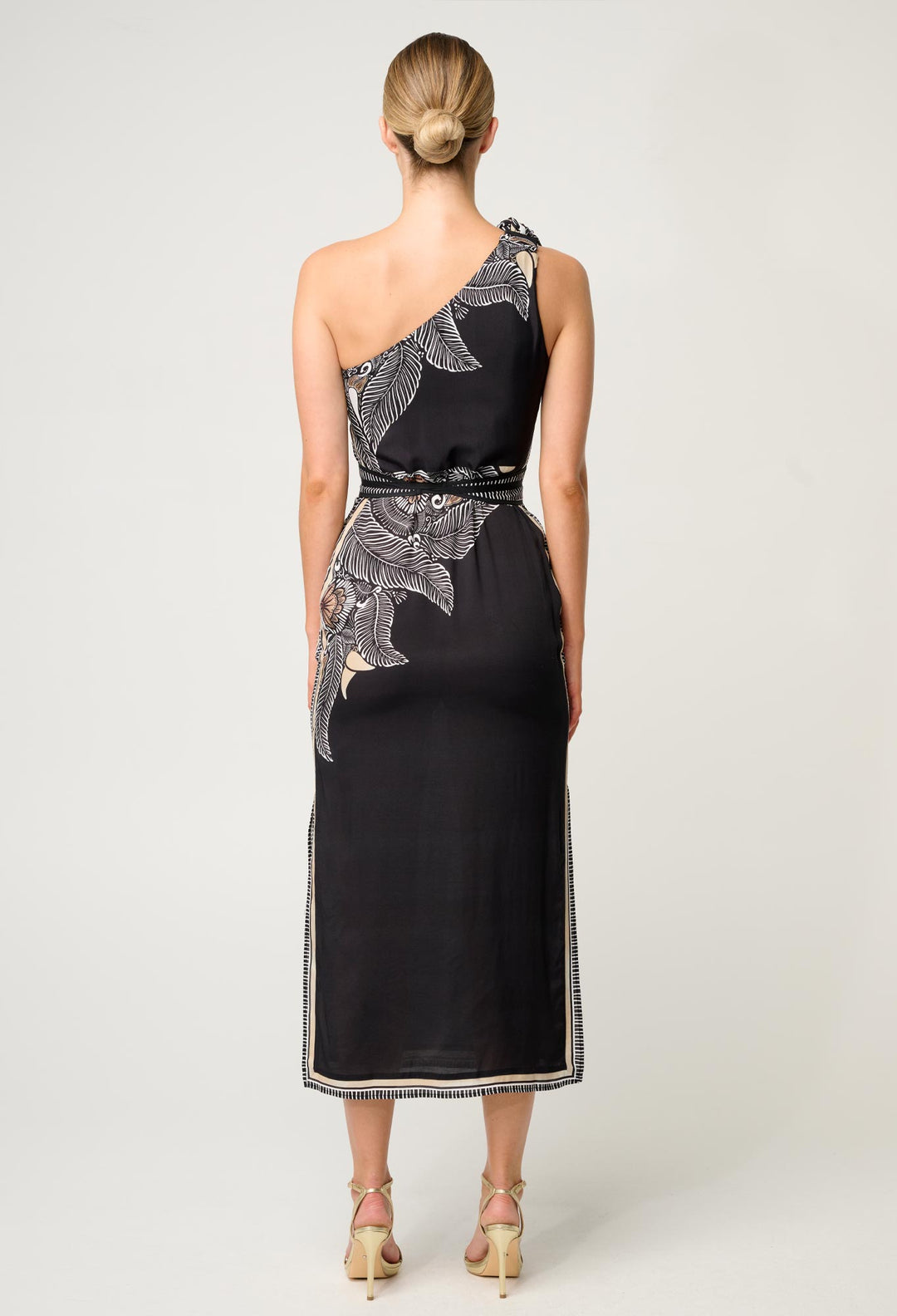 OnceWas Amira One Shoulder Viscose Faille Dress in Onyx Casablanca