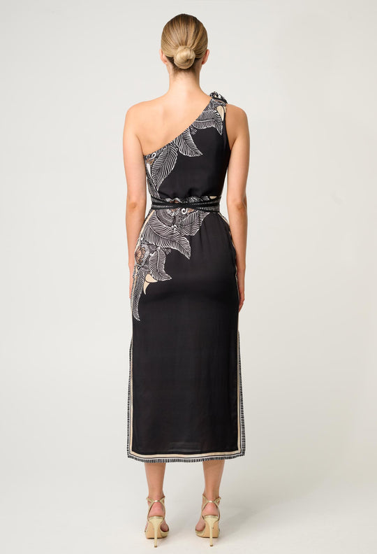 OnceWas Amira One Shoulder Viscose Faille Dress in Onyx Casablanca