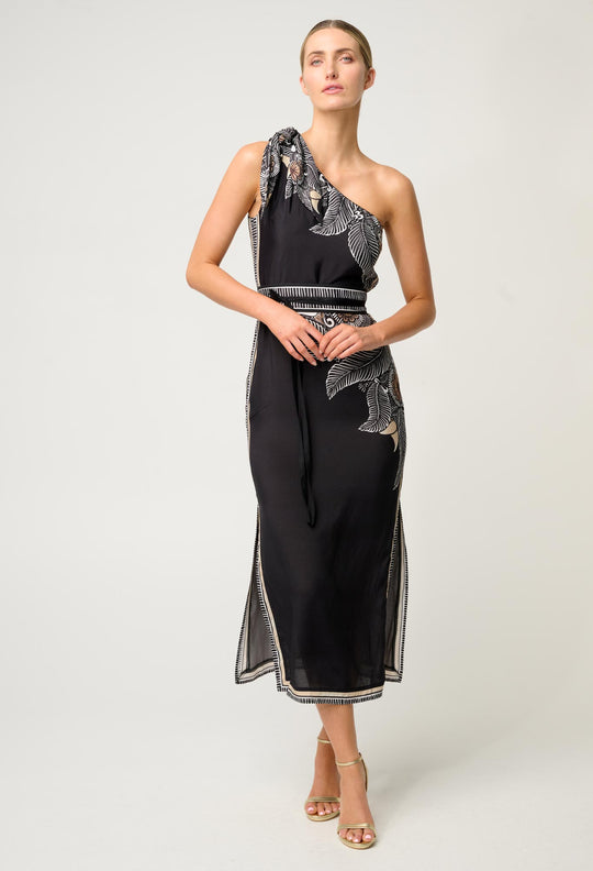 OnceWas Amira One Shoulder Viscose Faille Dress in Onyx Casablanca