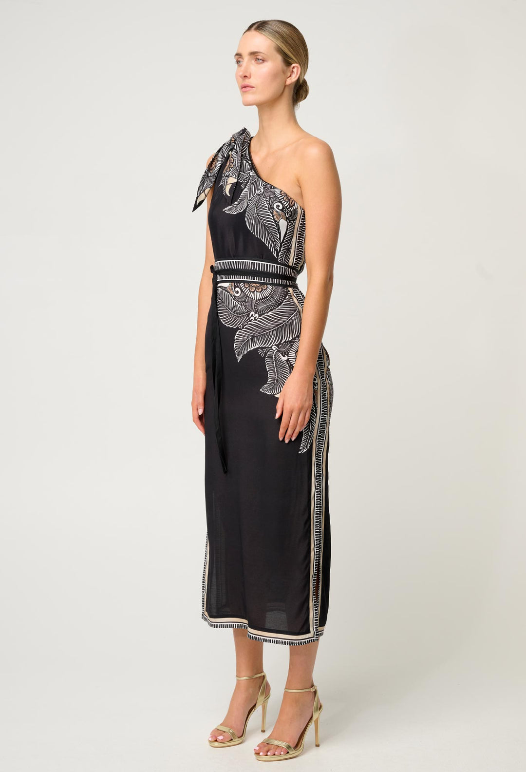 OnceWas Amira One Shoulder Viscose Faille Dress in Onyx Casablanca