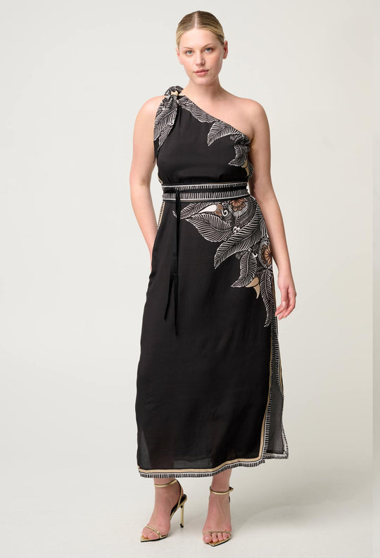 Amira One Shoulder Viscose Faille Dress in Onyx Casablanca