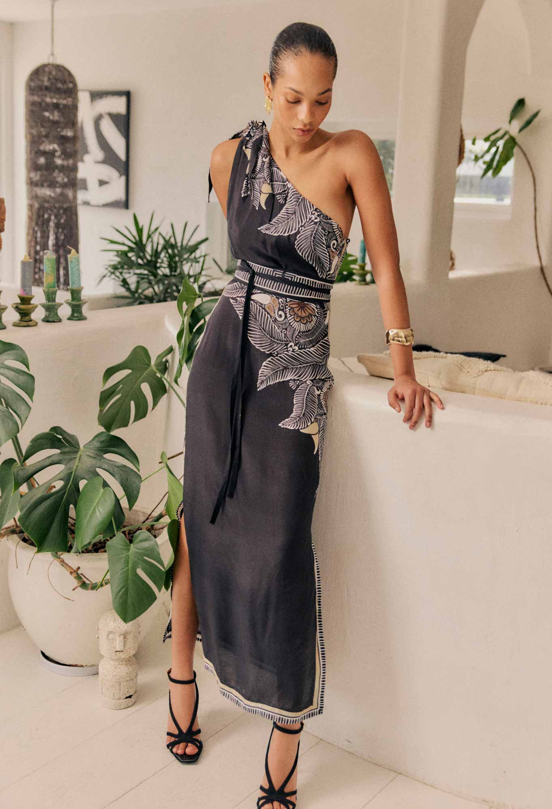 OnceWas Amira One Shoulder Viscose Faille Dress in Onyx Casablanca
