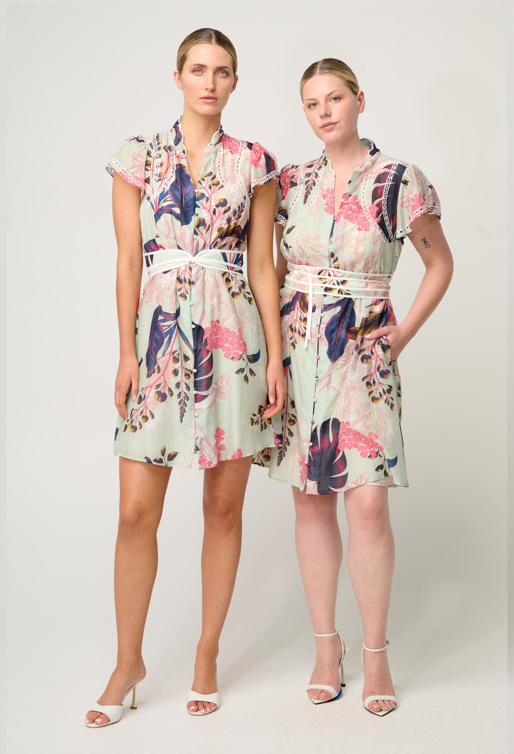 OnceWas Nisreen Silk Cotton Embroidered Flutter Sleeve Dress in Oasis Flora