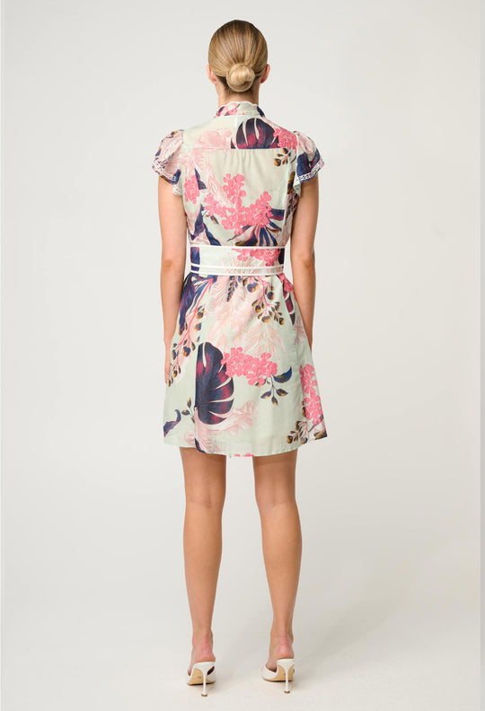 OnceWas Nisreen Silk Cotton Embroidered Flutter Sleeve Dress in Oasis Flora