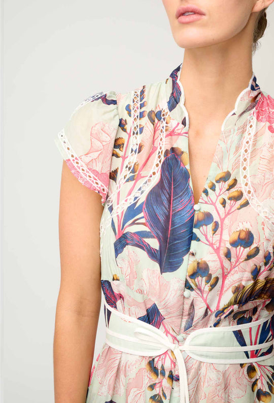 OnceWas Nisreen Silk Cotton Embroidered Flutter Sleeve Dress in Oasis Flora