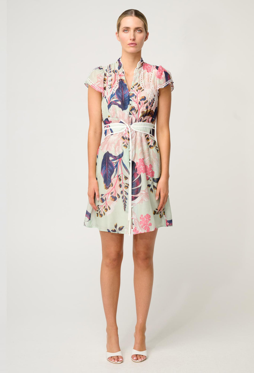 OnceWas Nisreen Silk Cotton Embroidered Flutter Sleeve Dress in Oasis Flora