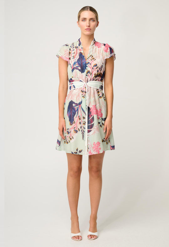 OnceWas Nisreen Silk Cotton Embroidered Flutter Sleeve Dress in Oasis Flora