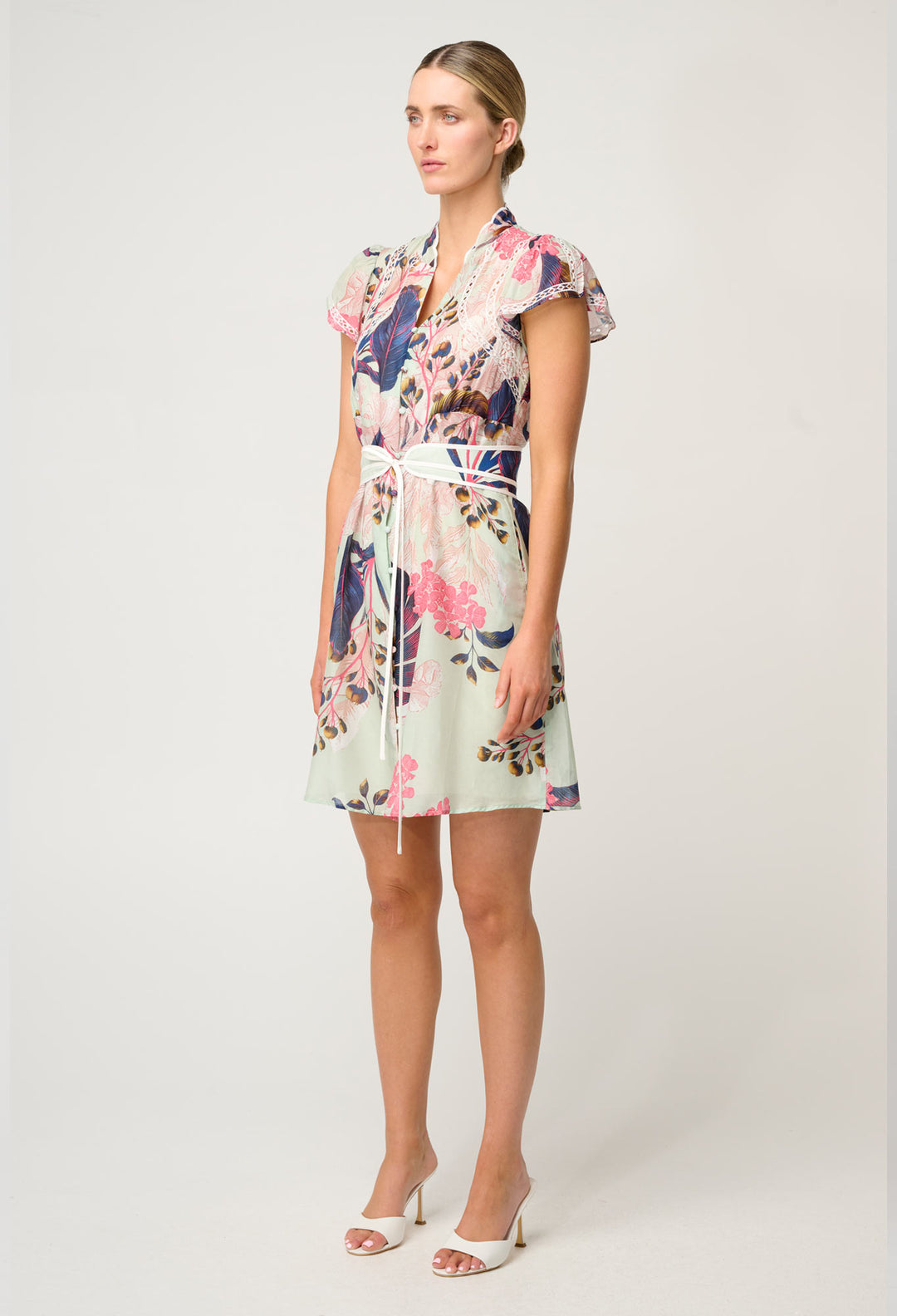 OnceWas Nisreen Silk Cotton Embroidered Flutter Sleeve Dress in Oasis Flora