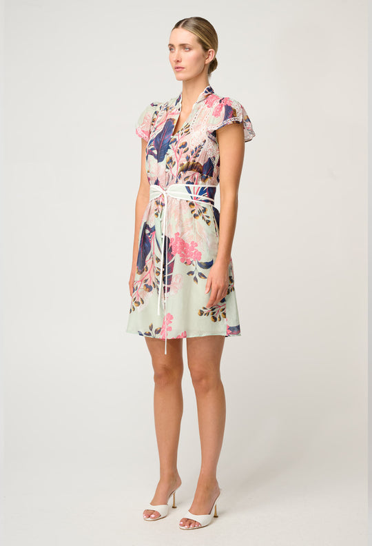 OnceWas Nisreen Silk Cotton Embroidered Flutter Sleeve Dress in Oasis Flora
