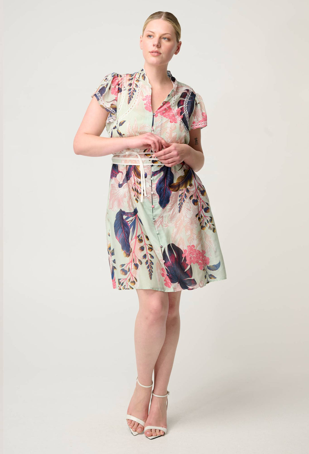 OnceWas Nisreen Silk Cotton Embroidered Flutter Sleeve Dress in Oasis Flora