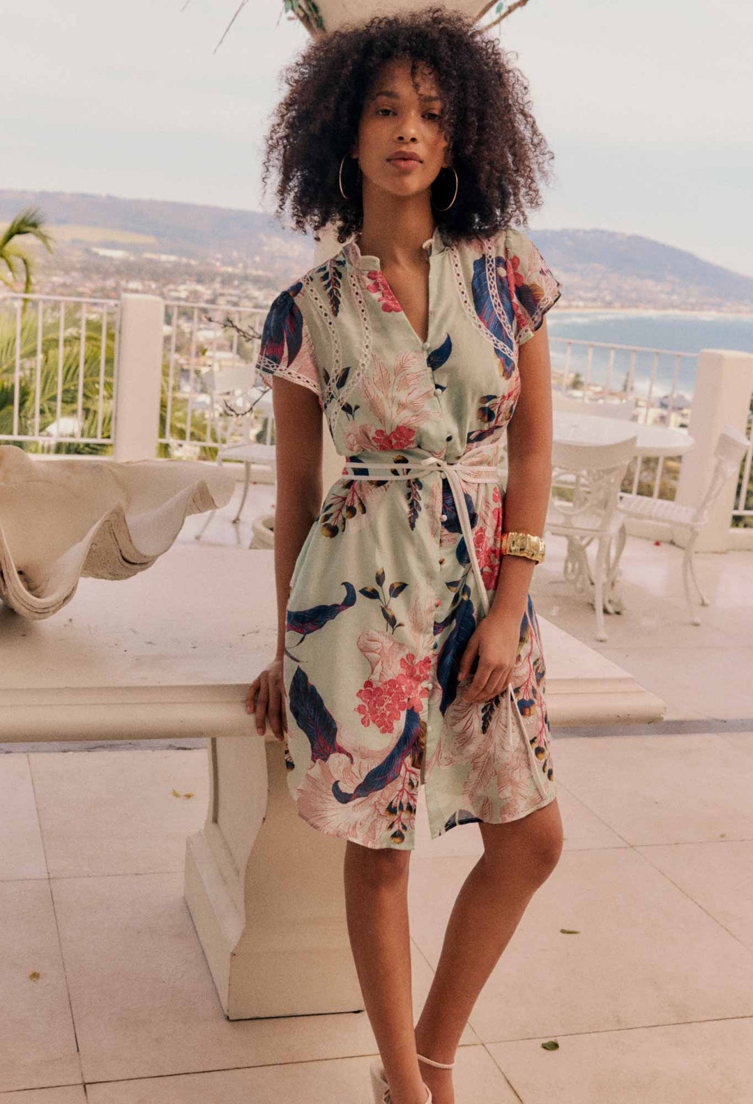 OnceWas Nisreen Silk Cotton Embroidered Flutter Sleeve Dress in Oasis Flora