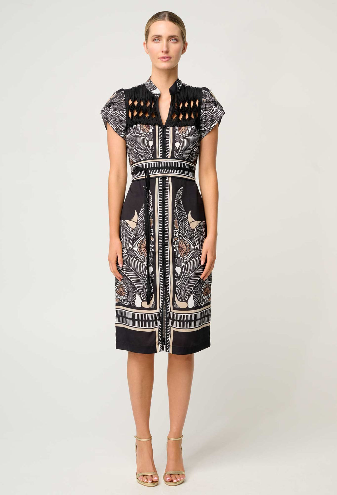 OnceWas Maha Diamond Smock Yoke Viscose Faille Dress in Onyx Casablanca