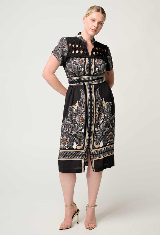 OnceWas Maha Diamond Smock Yoke Viscose Faille Dress in Onyx Casablanca