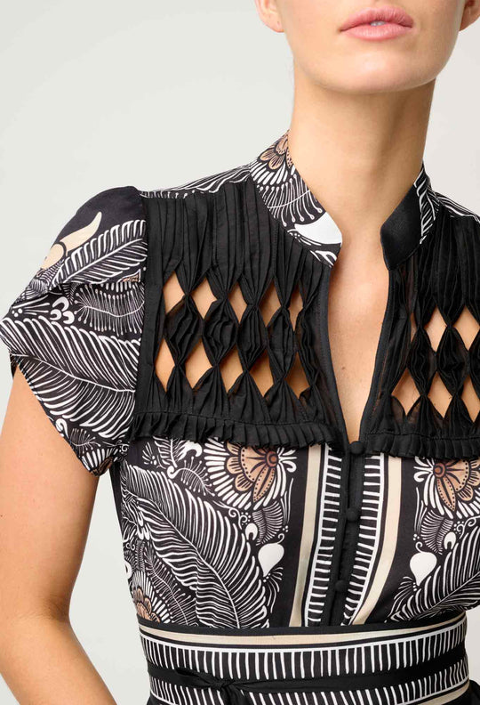 OnceWas Maha Diamond Smock Yoke Viscose Faille Dress in Onyx Casablanca