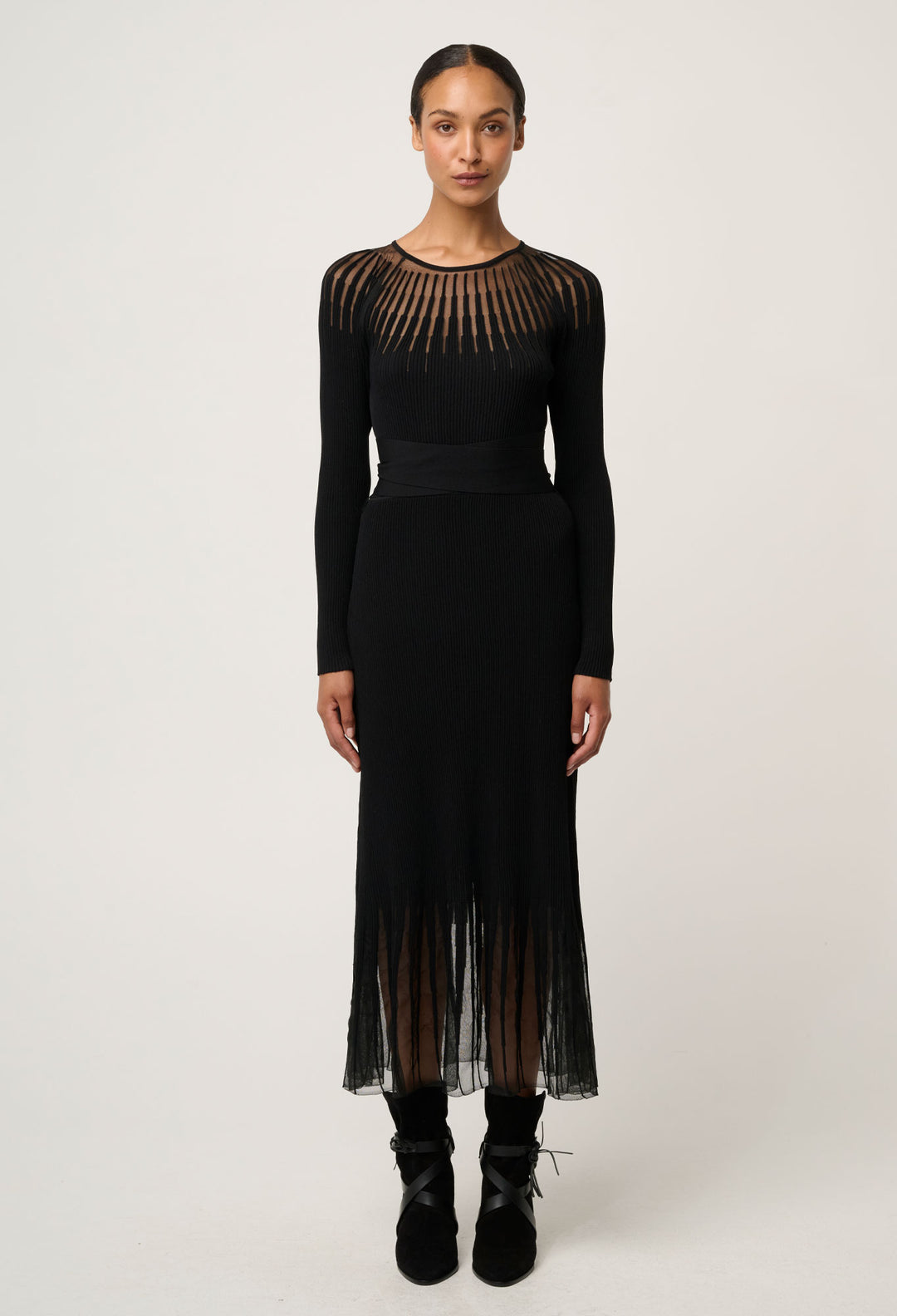 OnceWas Rhiannon Viscose Nylon Sheer Knit Dress in Black