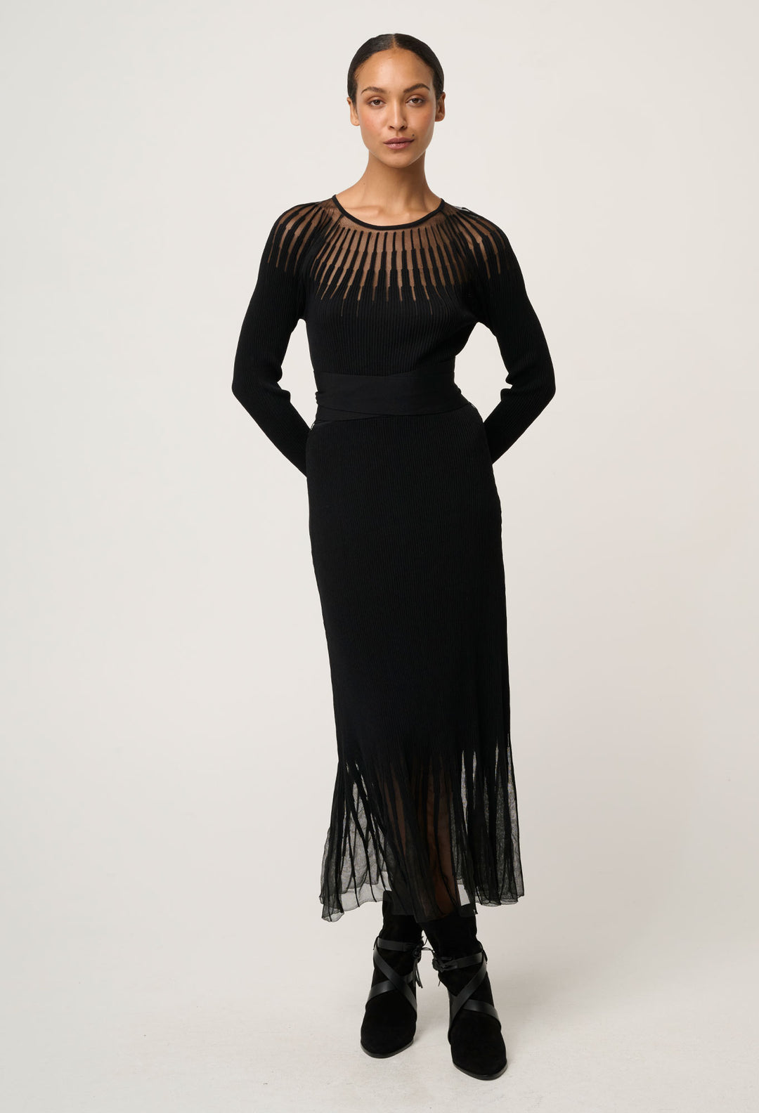 OnceWas Rhiannon Viscose Nylon Sheer Knit Dress in Black