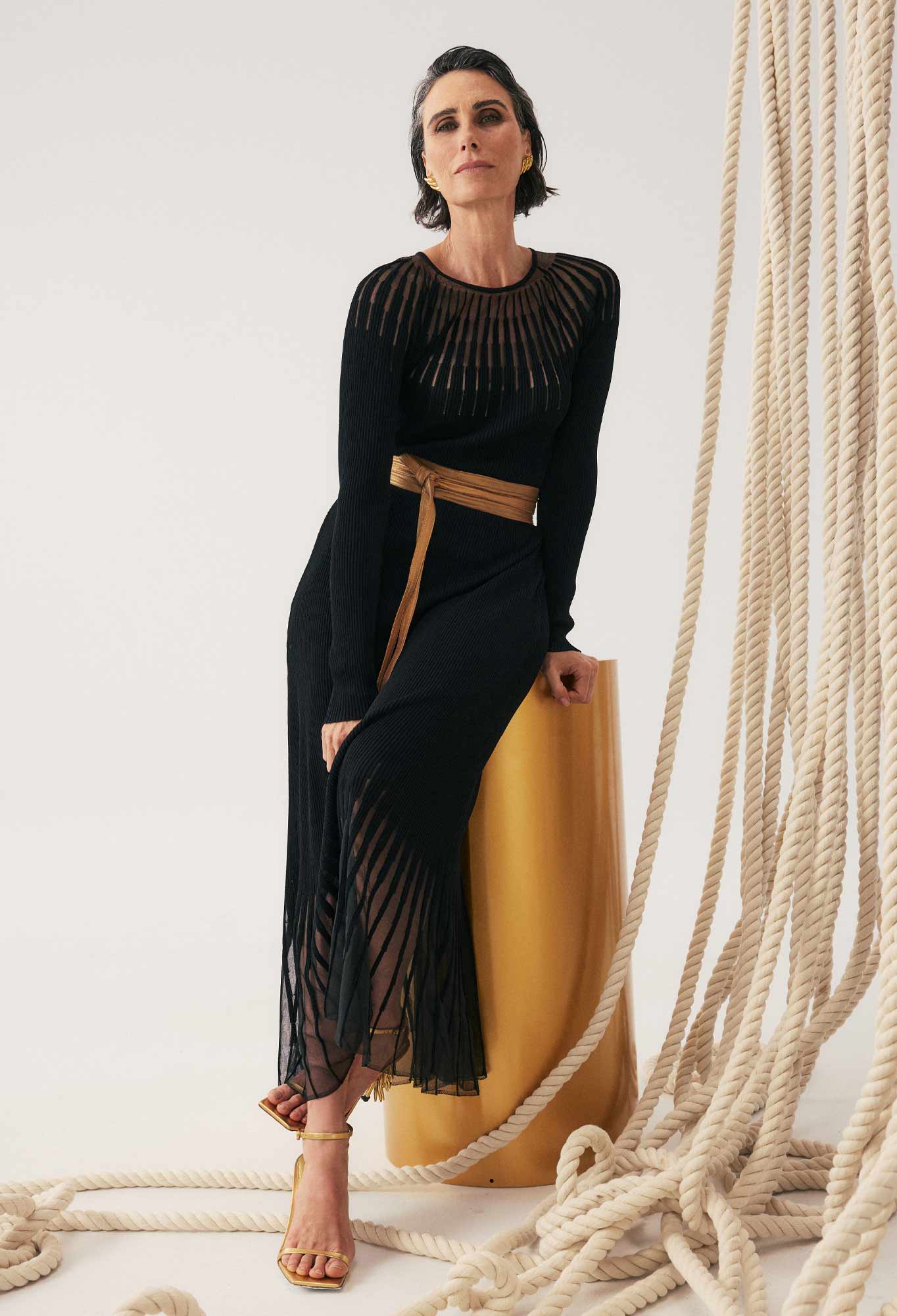 OnceWas Rhiannon Viscose Nylon Sheer Knit Dress in Black