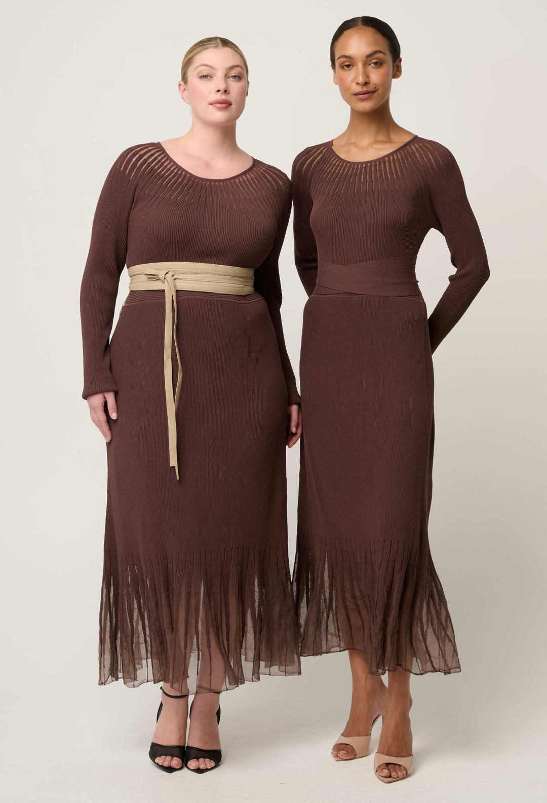 OnceWas Rhiannon Viscose Nylon Sheer Neckline Knit Dress in Mocha