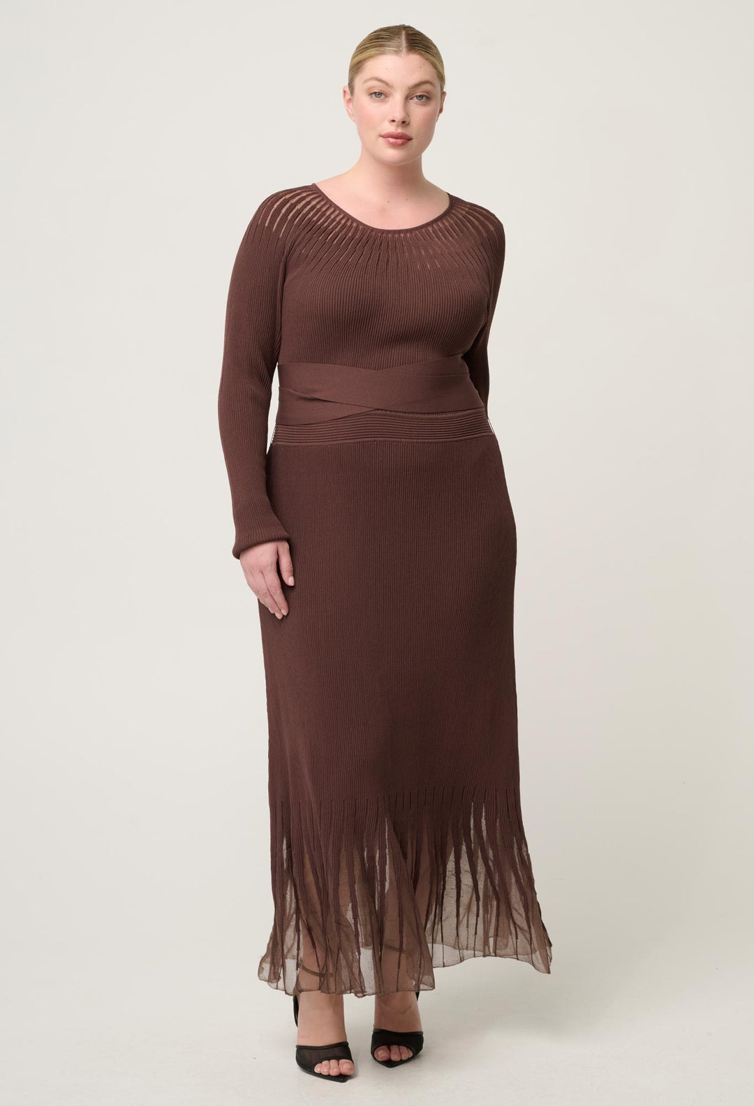 OnceWas Rhiannon Viscose Nylon Sheer Neckline Knit Dress in Mocha