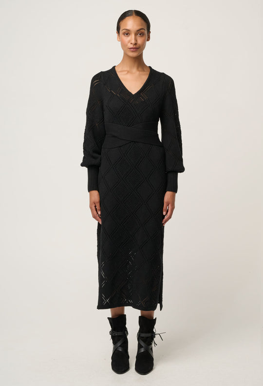 OnceWas Cassi Viscose Cotton Blend V Neck Knit Dress in Black