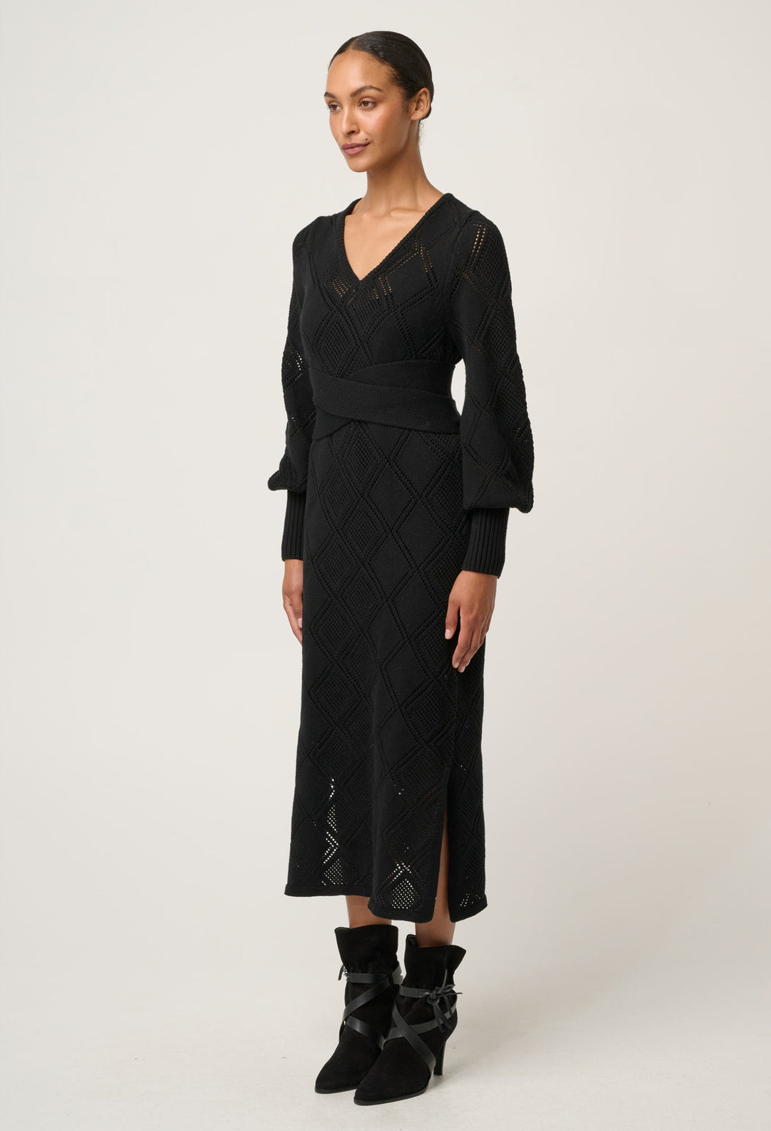 Cassi Viscose Cotton Blend V Neck Knit Dress In Black OnceWas cassi-viscose-cotton-blend-v-neck-knit-dress-in-black-oncewas