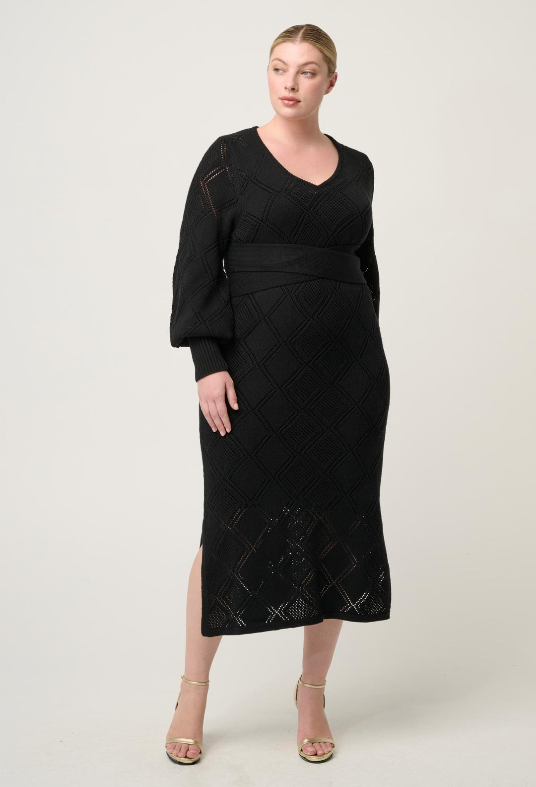 OnceWas Cassi Viscose Cotton Blend V Neck Knit Dress in Black