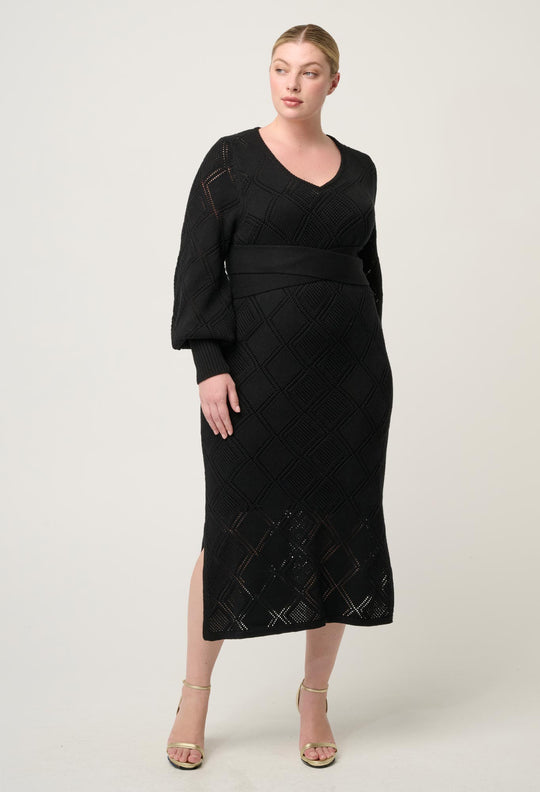 OnceWas Cassi Viscose Cotton Blend V Neck Knit Dress in Black