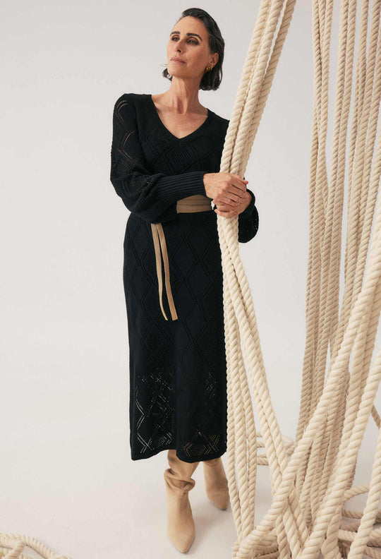 Cassi Viscose Cotton Blend V Neck Knit Dress in Black