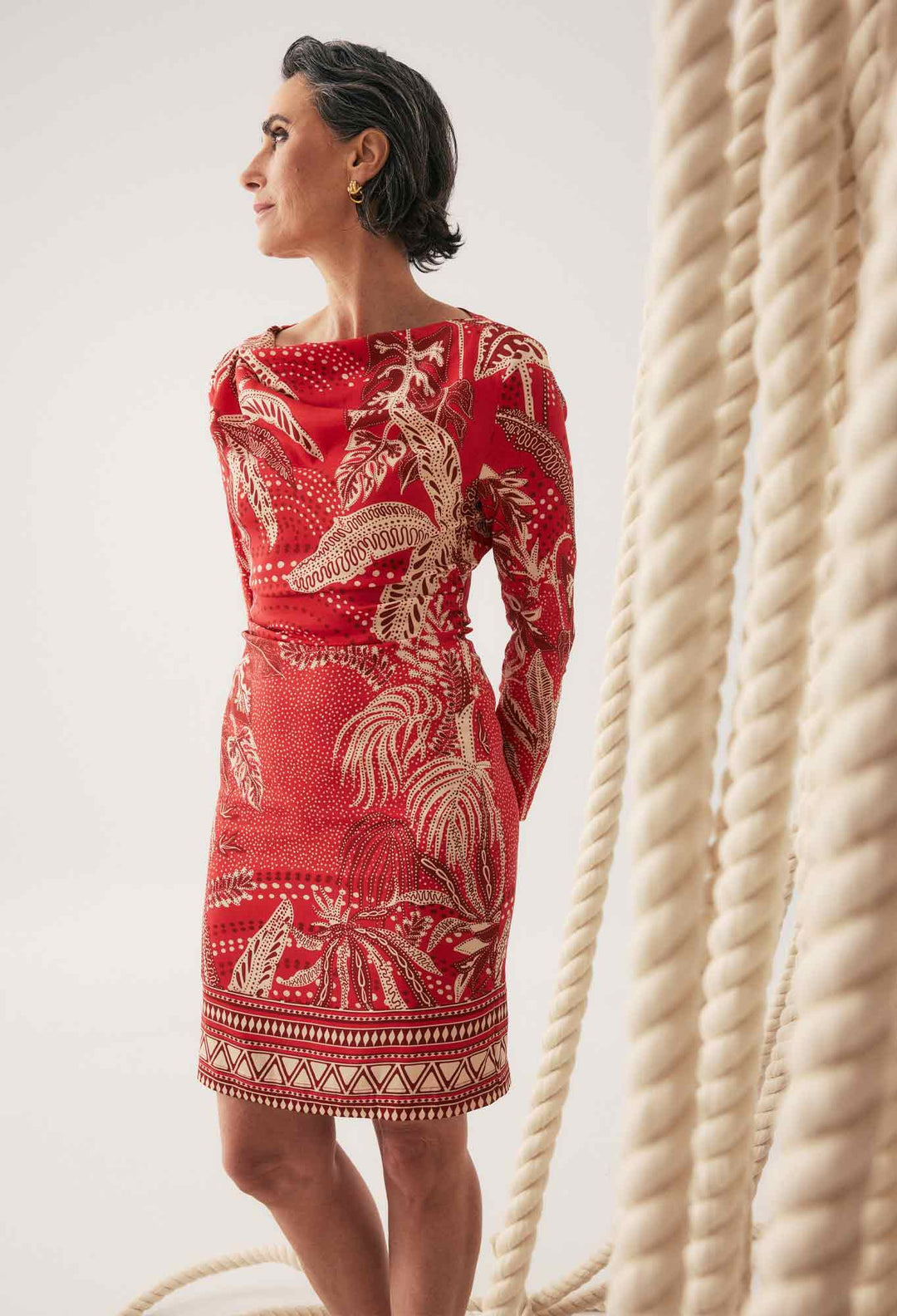 OnceWas Helsa Draped Neck Cupro Viscose Stretch Long Sleeve Dress in Crimson Palms