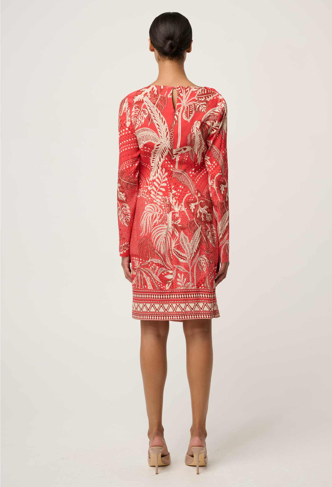 OnceWas Helsa Draped Neck Cupro Viscose Stretch Long Sleeve Dress in Crimson Palms