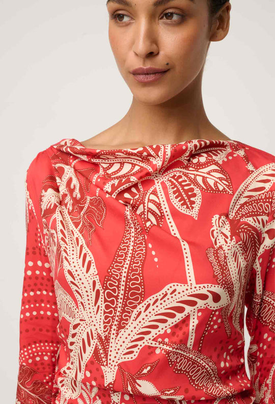 OnceWas Helsa Draped Neck Cupro Viscose Stretch Long Sleeve Dress in Crimson Palms