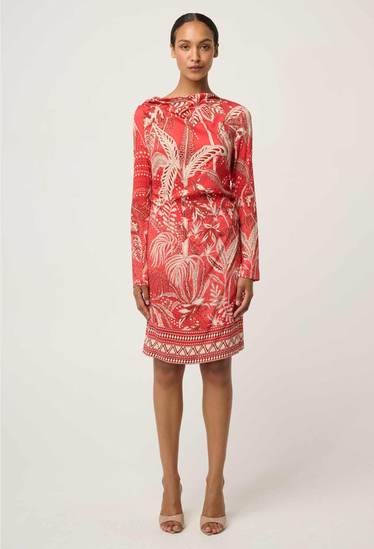 OnceWas Helsa Draped Neck Cupro Viscose Stretch Long Sleeve Dress in Crimson Palms