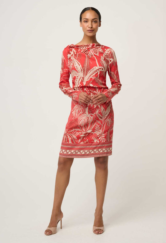 OnceWas Helsa Draped Neck Cupro Viscose Stretch Long Sleeve Dress in Crimson Palms