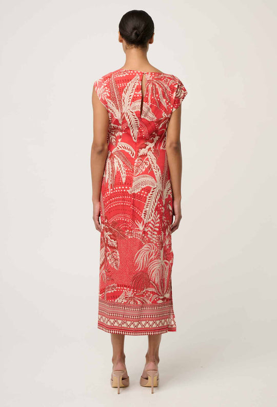 OnceWas Monique Draped Neck Cupro Viscose Stretch Column Dress in Crimson Palms