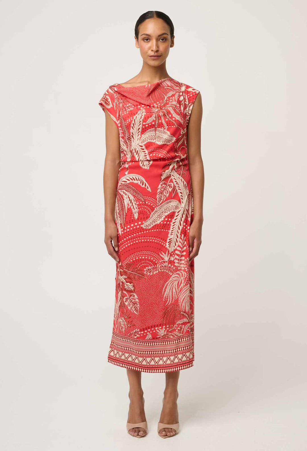 OnceWas Monique Draped Neck Cupro Viscose Stretch Column Dress in Crimson Palms