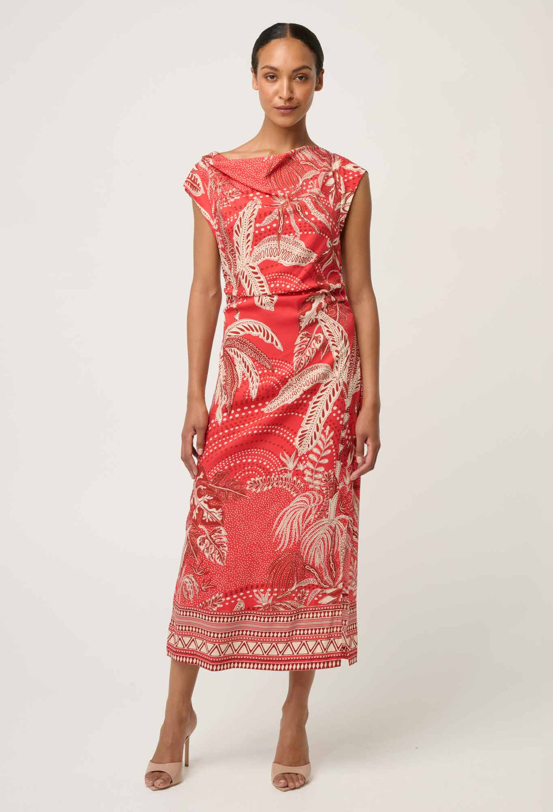 OnceWas Monique Draped Neck Cupro Viscose Stretch Column Dress in Crimson Palms