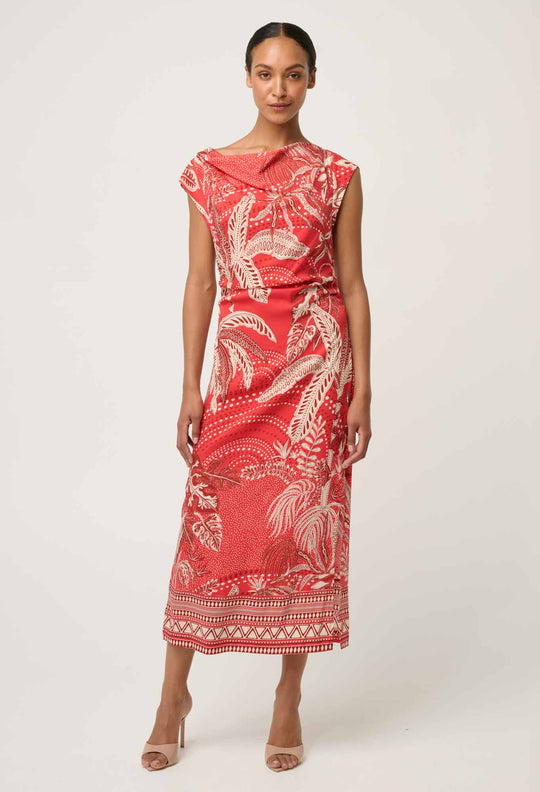 OnceWas Monique Draped Neck Cupro Viscose Stretch Column Dress in Crimson Palms