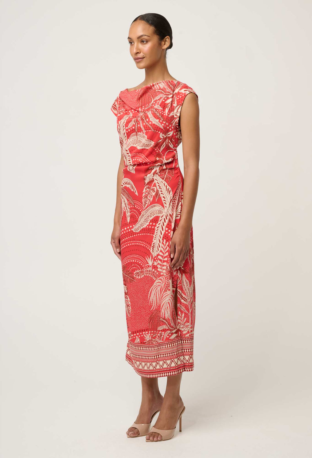 OnceWas Monique Draped Neck Cupro Viscose Stretch Column Dress in Crimson Palms