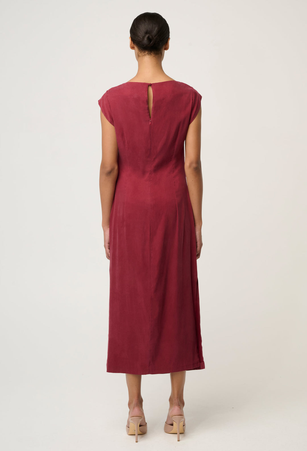 OnceWas Monique Draped Neck Cupro Viscose Stretch Gold Column Dress in Ruby
