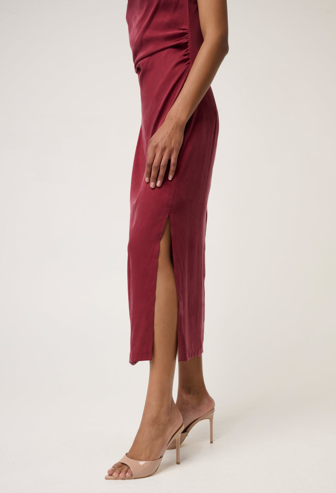 OnceWas Monique Draped Neck Cupro Viscose Stretch Gold Column Dress in Ruby