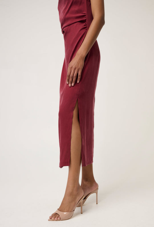 OnceWas Monique Draped Neck Cupro Viscose Stretch Gold Column Dress in Ruby