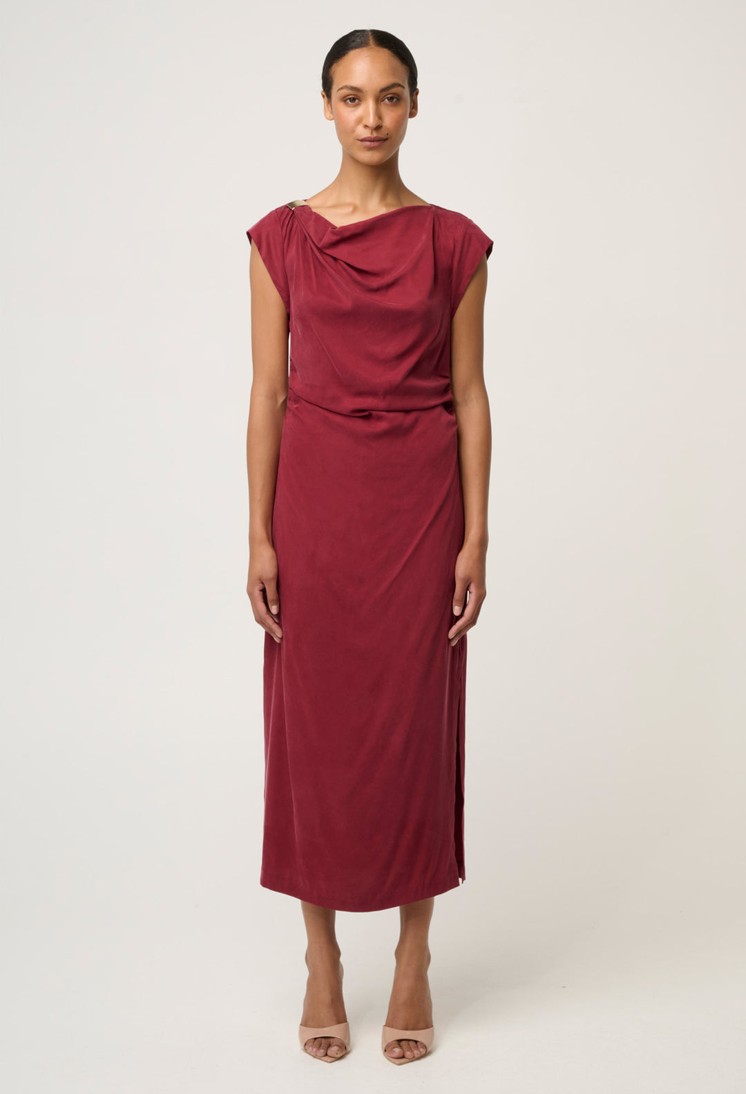 OnceWas Monique Draped Neck Cupro Viscose Stretch Gold Column Dress in Ruby