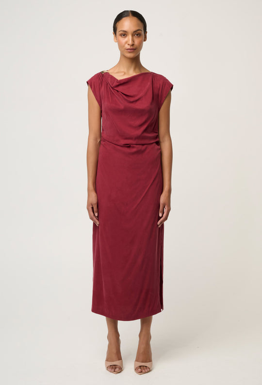 OnceWas Monique Draped Neck Cupro Viscose Stretch Gold Column Dress in Ruby