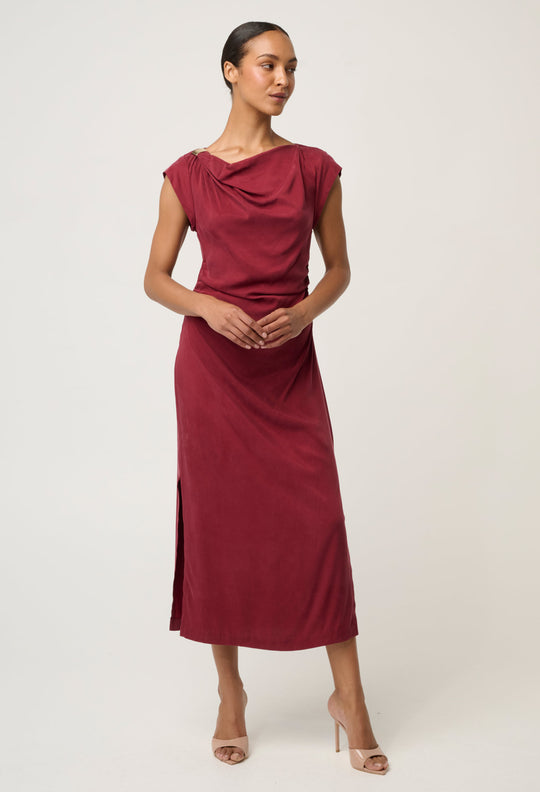 OnceWas Monique Draped Neck Cupro Viscose Stretch Gold Column Dress in Ruby