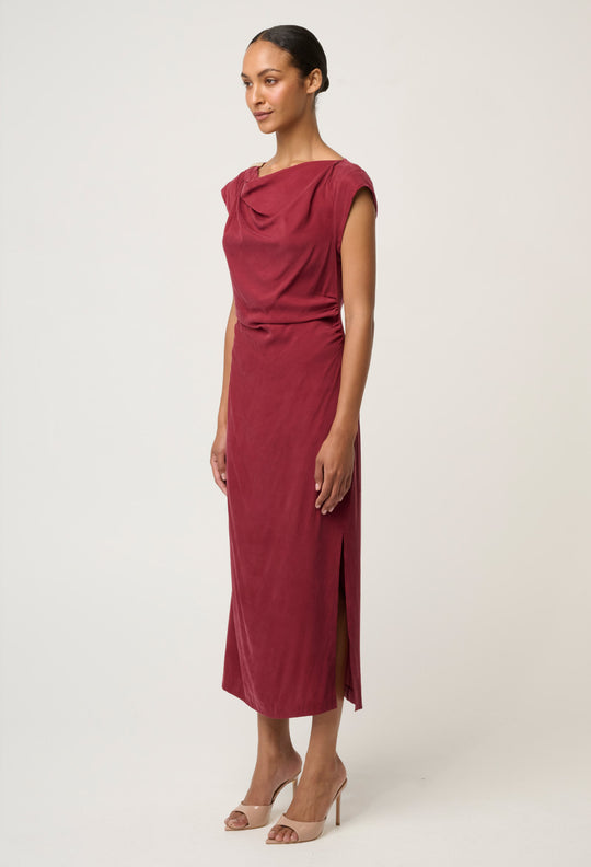 OnceWas Monique Draped Neck Cupro Viscose Stretch Gold Column Dress in Ruby