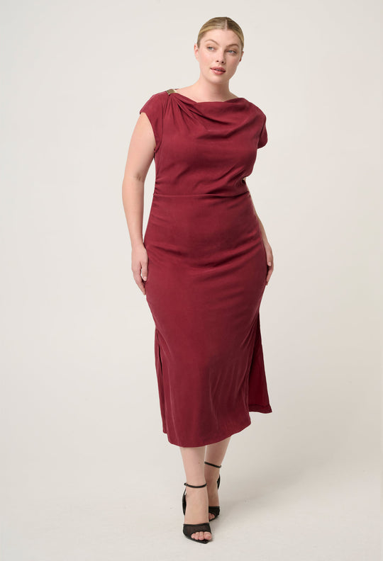 OnceWas Monique Draped Neck Cupro Viscose Stretch Gold Column Dress in Ruby